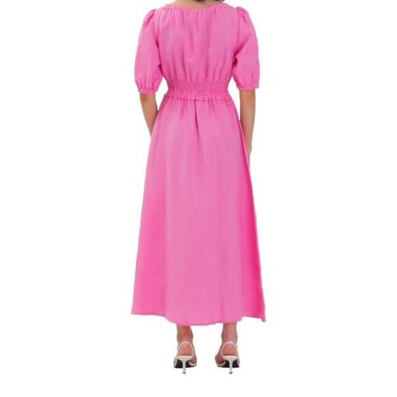 Aligne Women US4 Fuscha Pink Frederika Dress Smocked Puff Sleeve Pckt Linen Maxi - Picture 2 of 15